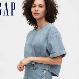 GAP Denim Back Button Short Drop Sleeve Boxy Crop Top, Sz S